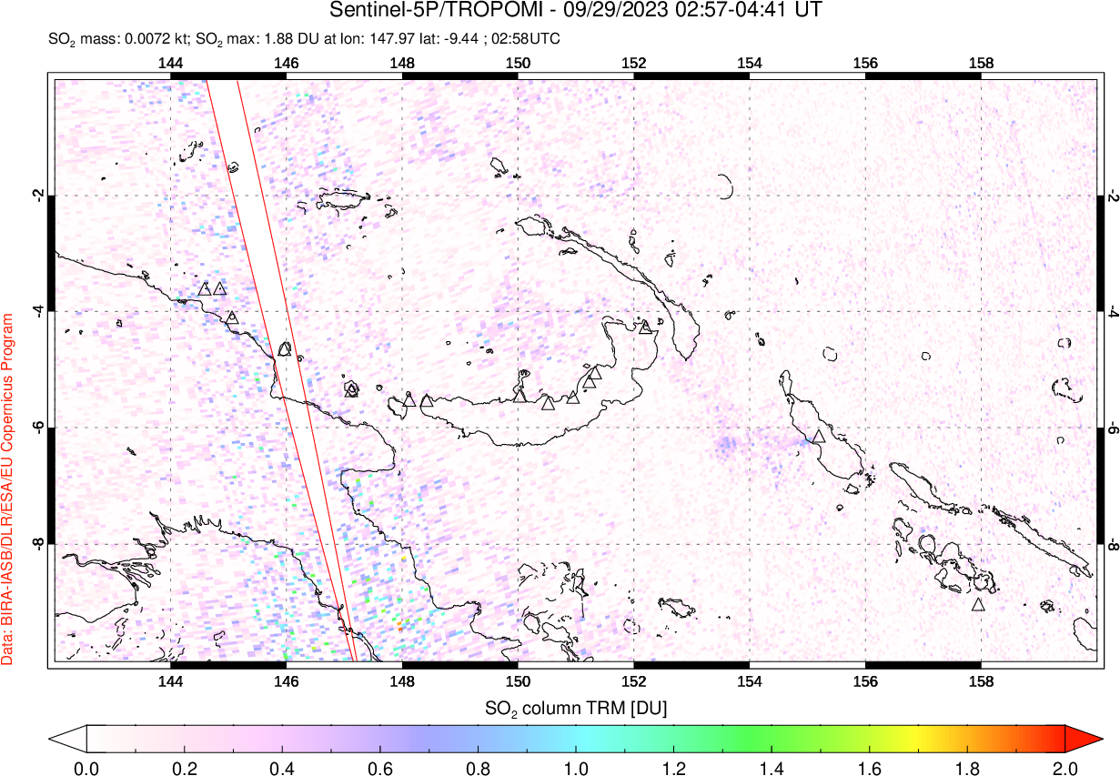 A sulfur dioxide image over Papua, New Guinea on Sep 29, 2023.