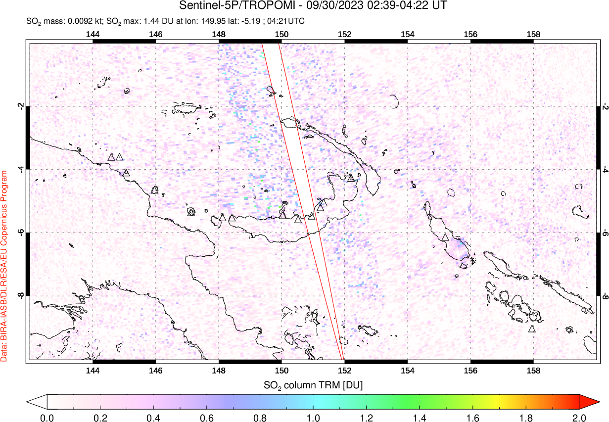A sulfur dioxide image over Papua, New Guinea on Sep 30, 2023.