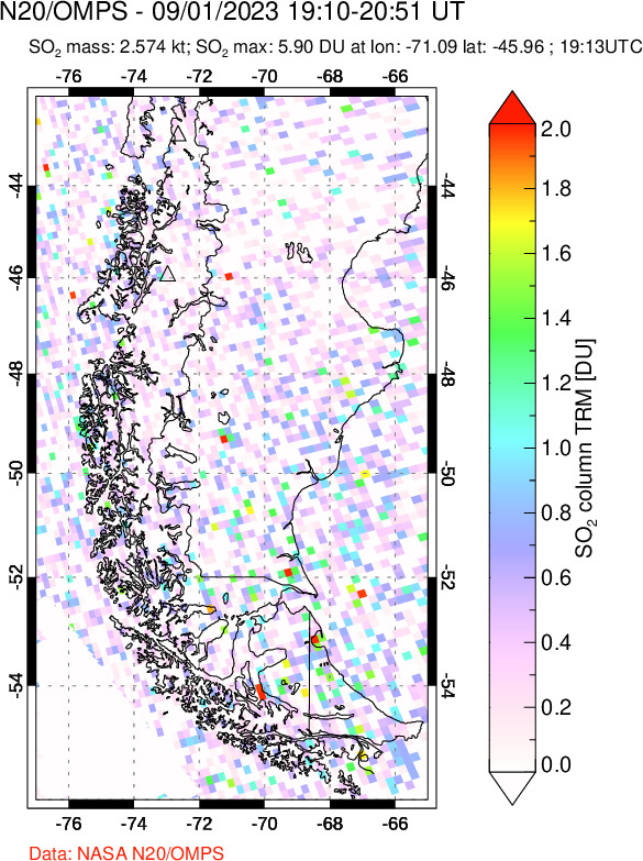 A sulfur dioxide image over Southern Chile on Sep 01, 2023.