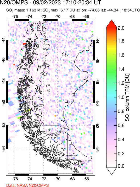 A sulfur dioxide image over Southern Chile on Sep 02, 2023.