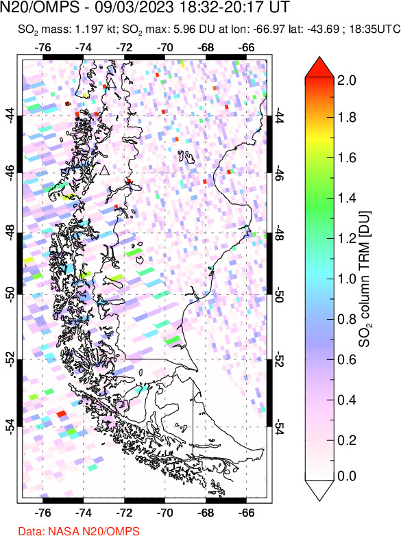 A sulfur dioxide image over Southern Chile on Sep 03, 2023.