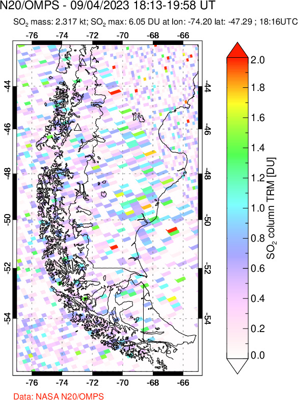 A sulfur dioxide image over Southern Chile on Sep 04, 2023.