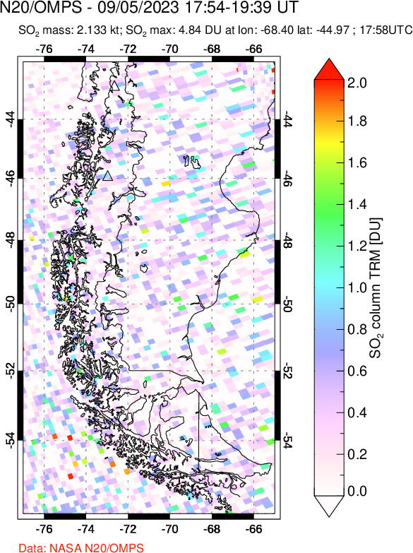 A sulfur dioxide image over Southern Chile on Sep 05, 2023.