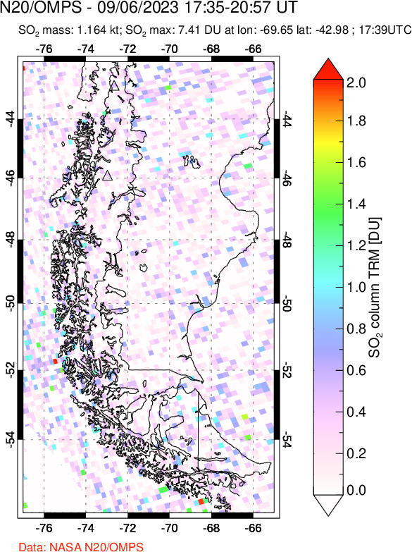 A sulfur dioxide image over Southern Chile on Sep 06, 2023.