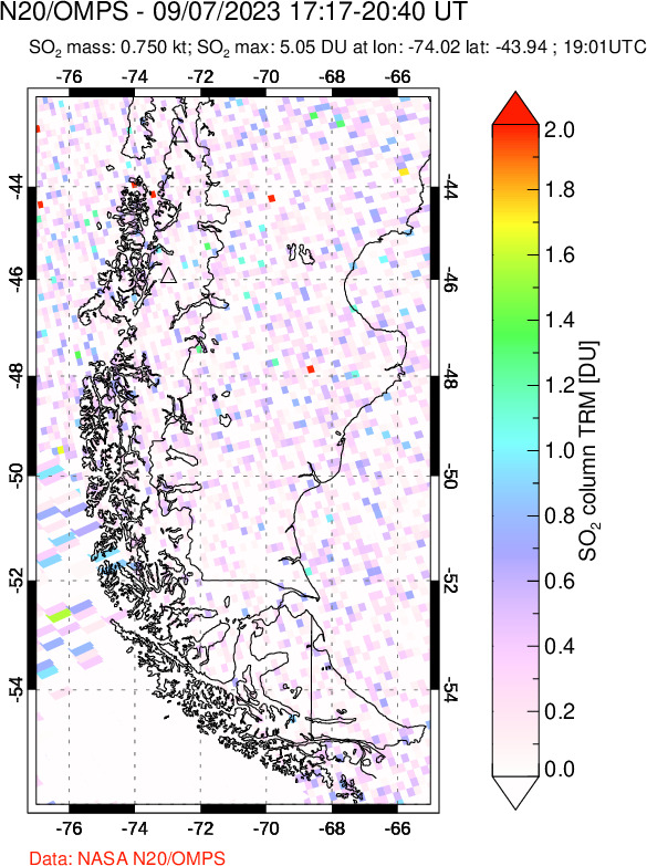 A sulfur dioxide image over Southern Chile on Sep 07, 2023.