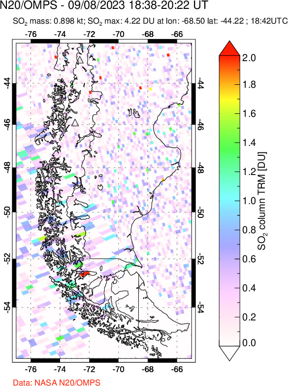 A sulfur dioxide image over Southern Chile on Sep 08, 2023.