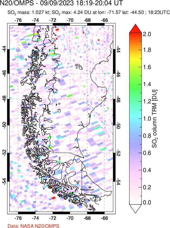 A sulfur dioxide image over Southern Chile on Sep 09, 2023.