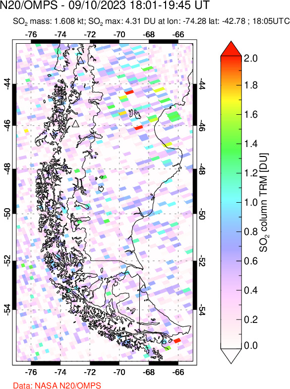 A sulfur dioxide image over Southern Chile on Sep 10, 2023.