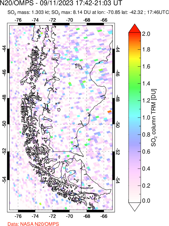 A sulfur dioxide image over Southern Chile on Sep 11, 2023.