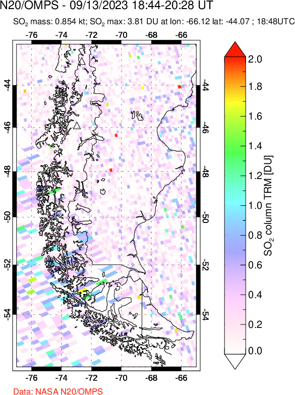 A sulfur dioxide image over Southern Chile on Sep 13, 2023.