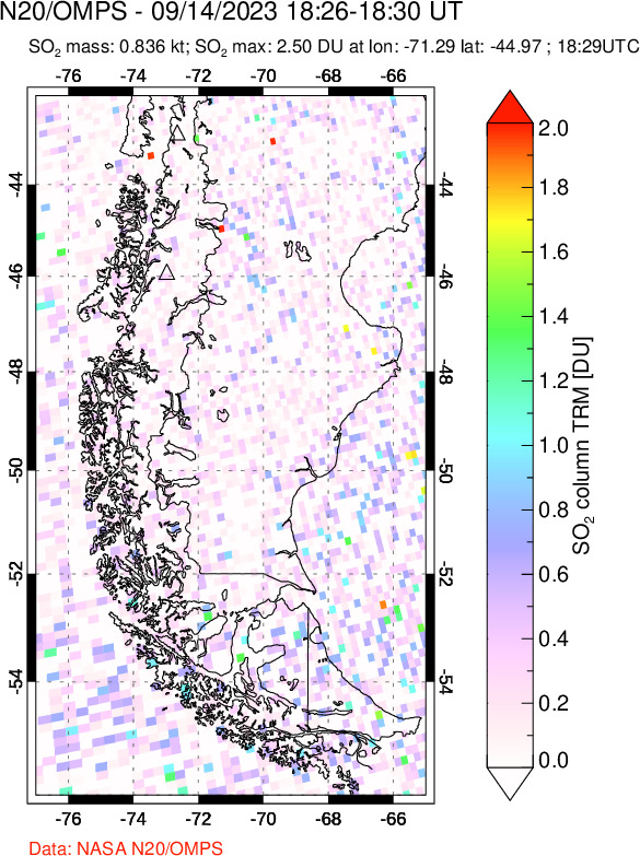 A sulfur dioxide image over Southern Chile on Sep 14, 2023.