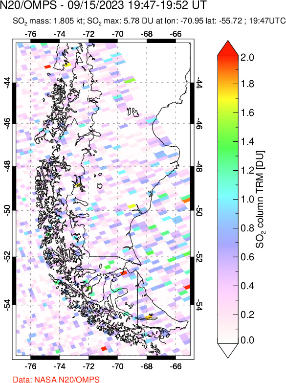 A sulfur dioxide image over Southern Chile on Sep 15, 2023.