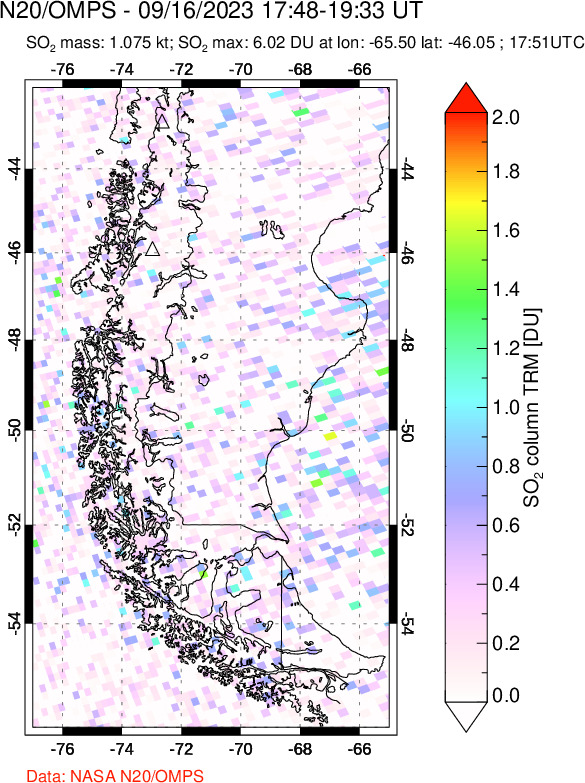 A sulfur dioxide image over Southern Chile on Sep 16, 2023.