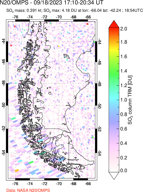 A sulfur dioxide image over Southern Chile on Sep 18, 2023.