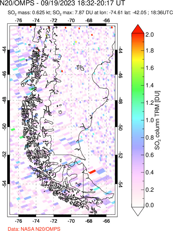 A sulfur dioxide image over Southern Chile on Sep 19, 2023.