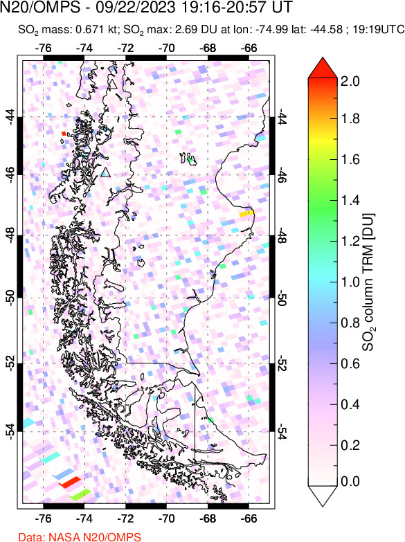 A sulfur dioxide image over Southern Chile on Sep 22, 2023.