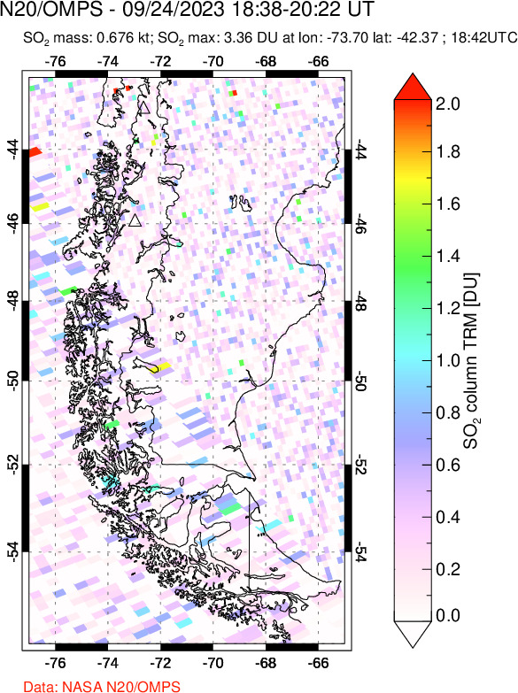 A sulfur dioxide image over Southern Chile on Sep 24, 2023.