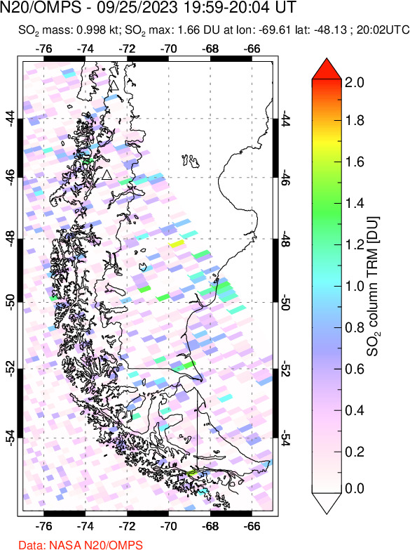 A sulfur dioxide image over Southern Chile on Sep 25, 2023.