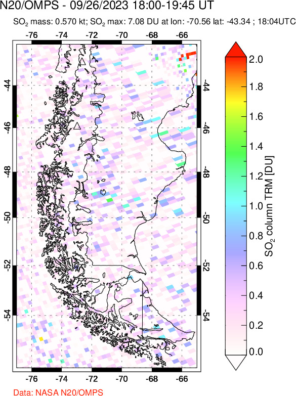 A sulfur dioxide image over Southern Chile on Sep 26, 2023.