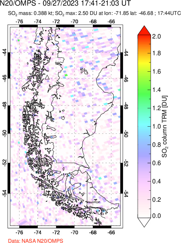 A sulfur dioxide image over Southern Chile on Sep 27, 2023.