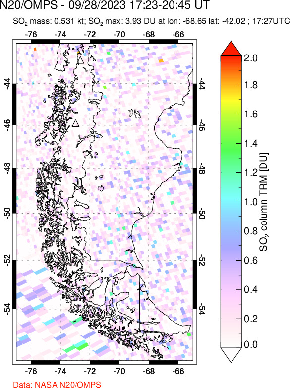 A sulfur dioxide image over Southern Chile on Sep 28, 2023.