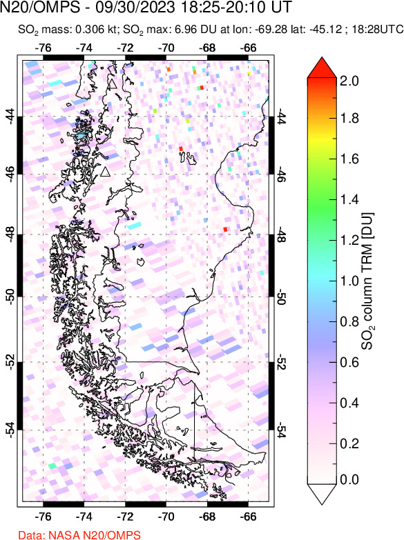 A sulfur dioxide image over Southern Chile on Sep 30, 2023.