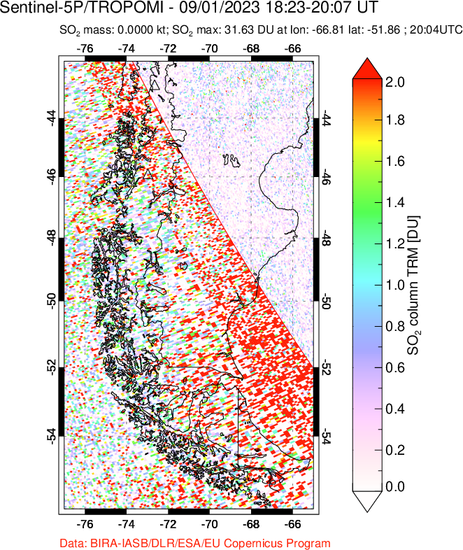 A sulfur dioxide image over Southern Chile on Sep 01, 2023.