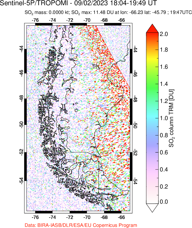 A sulfur dioxide image over Southern Chile on Sep 02, 2023.