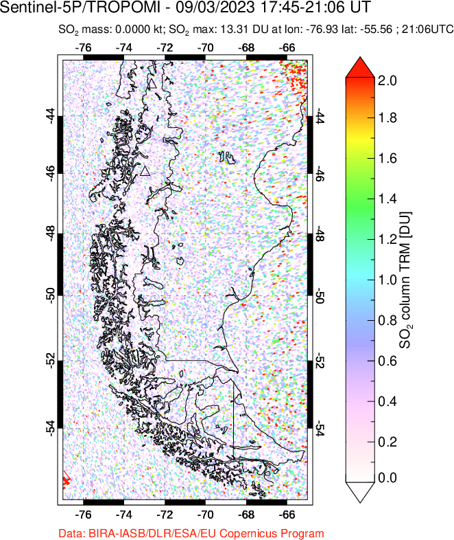 A sulfur dioxide image over Southern Chile on Sep 03, 2023.