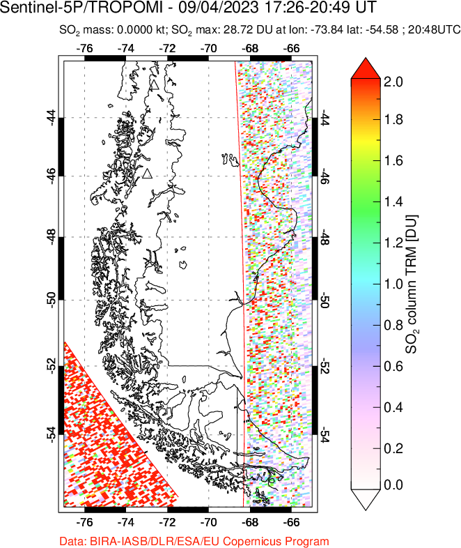 A sulfur dioxide image over Southern Chile on Sep 04, 2023.