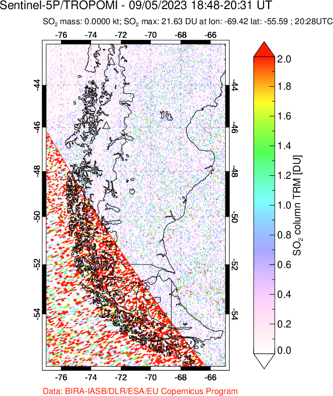 A sulfur dioxide image over Southern Chile on Sep 05, 2023.