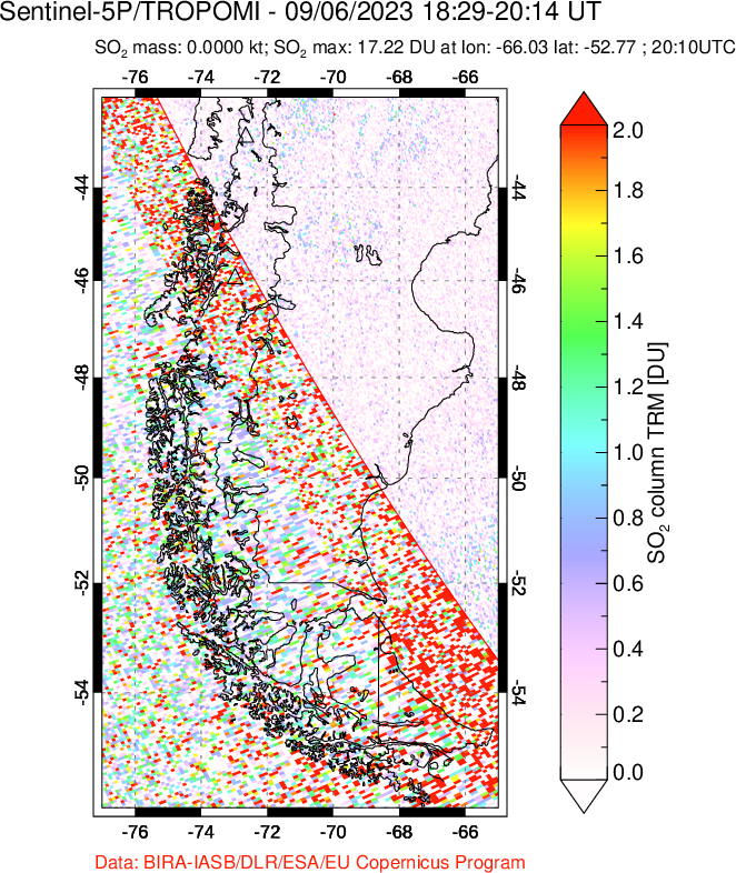 A sulfur dioxide image over Southern Chile on Sep 06, 2023.