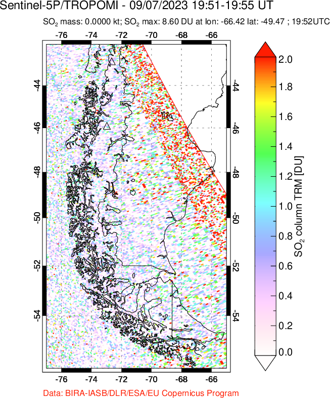 A sulfur dioxide image over Southern Chile on Sep 07, 2023.