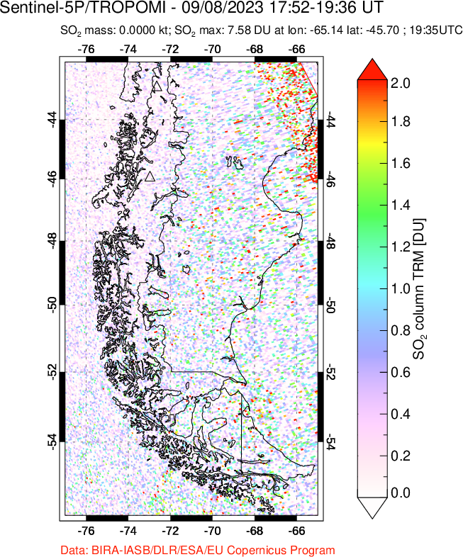 A sulfur dioxide image over Southern Chile on Sep 08, 2023.