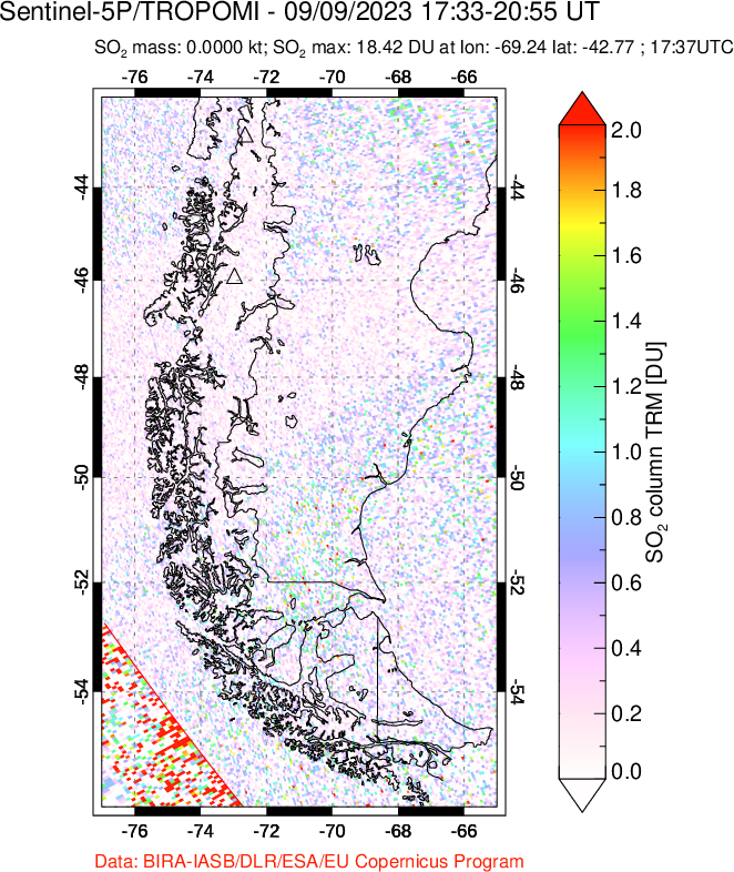 A sulfur dioxide image over Southern Chile on Sep 09, 2023.