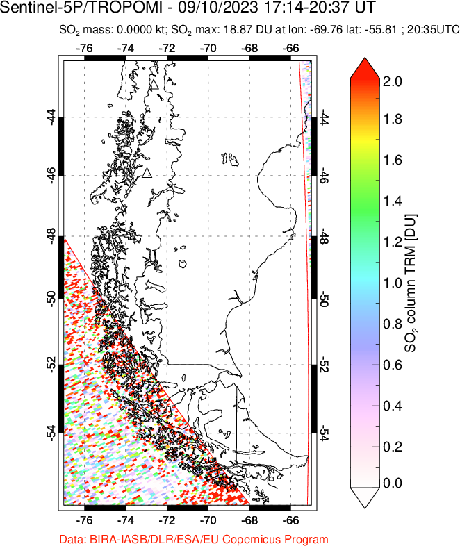 A sulfur dioxide image over Southern Chile on Sep 10, 2023.