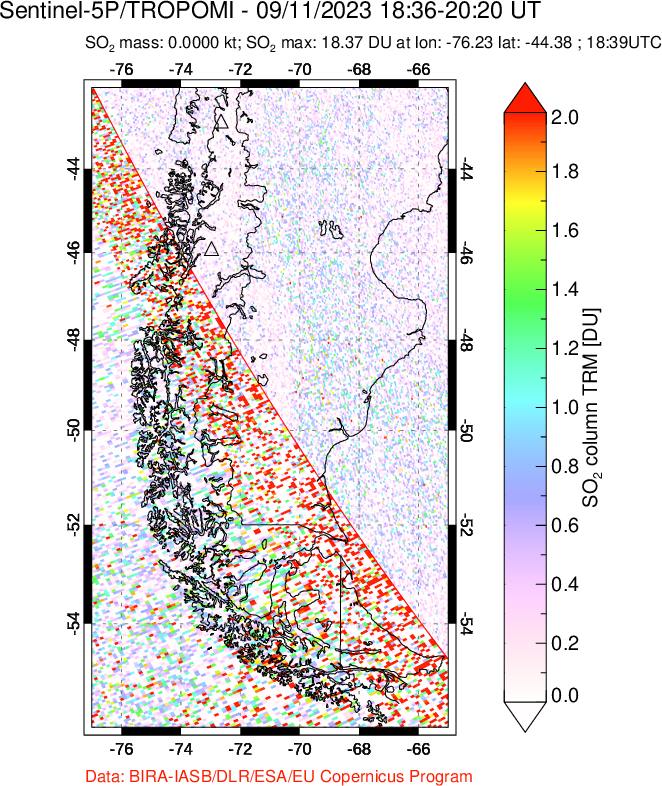 A sulfur dioxide image over Southern Chile on Sep 11, 2023.