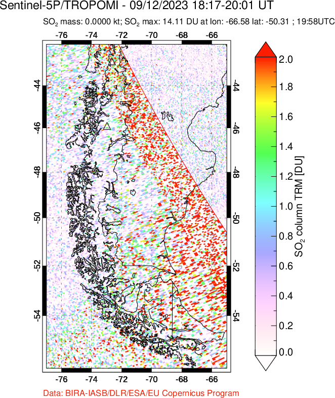 A sulfur dioxide image over Southern Chile on Sep 12, 2023.