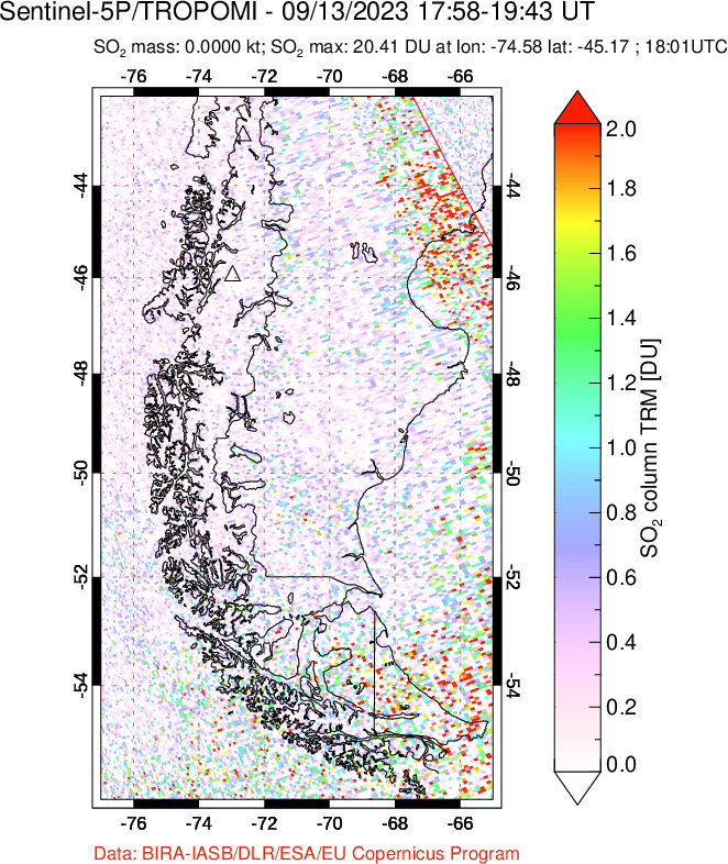 A sulfur dioxide image over Southern Chile on Sep 13, 2023.