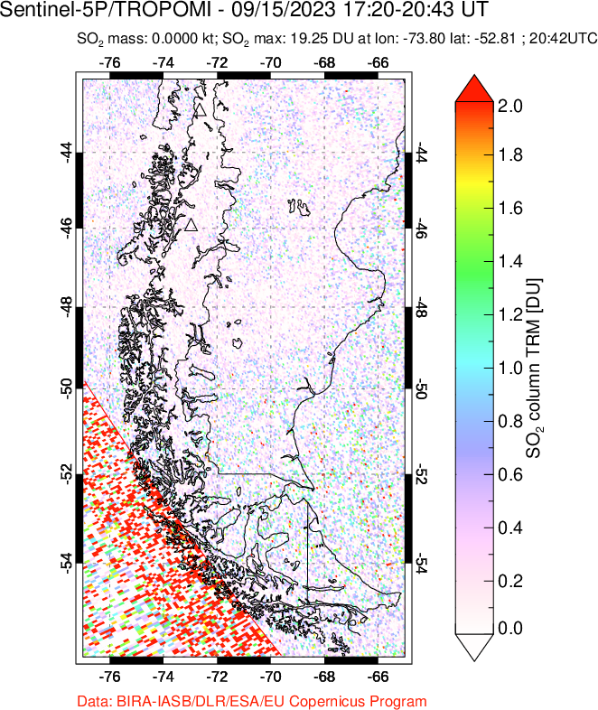 A sulfur dioxide image over Southern Chile on Sep 15, 2023.