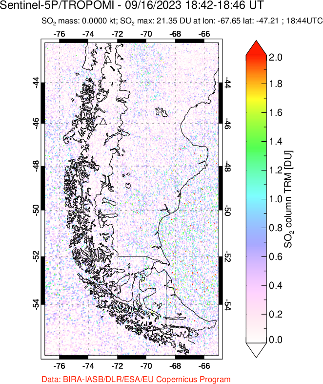 A sulfur dioxide image over Southern Chile on Sep 16, 2023.