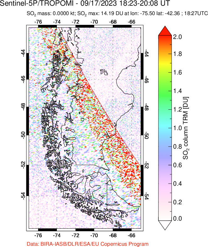 A sulfur dioxide image over Southern Chile on Sep 17, 2023.