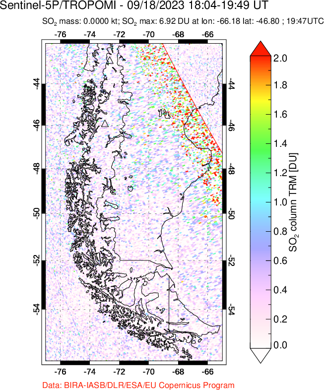 A sulfur dioxide image over Southern Chile on Sep 18, 2023.