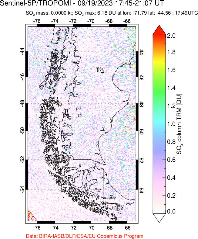 A sulfur dioxide image over Southern Chile on Sep 19, 2023.