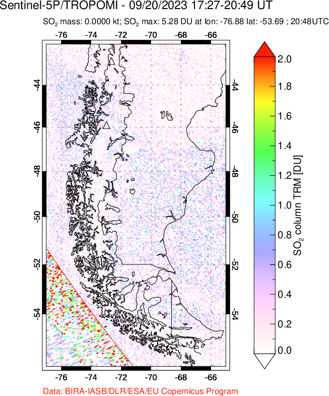 A sulfur dioxide image over Southern Chile on Sep 20, 2023.