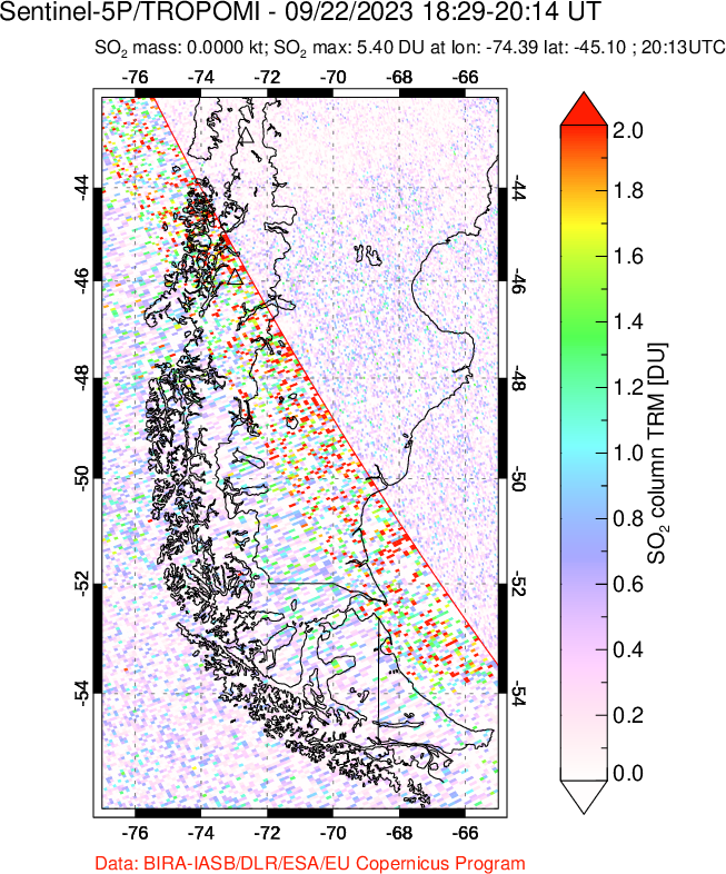 A sulfur dioxide image over Southern Chile on Sep 22, 2023.