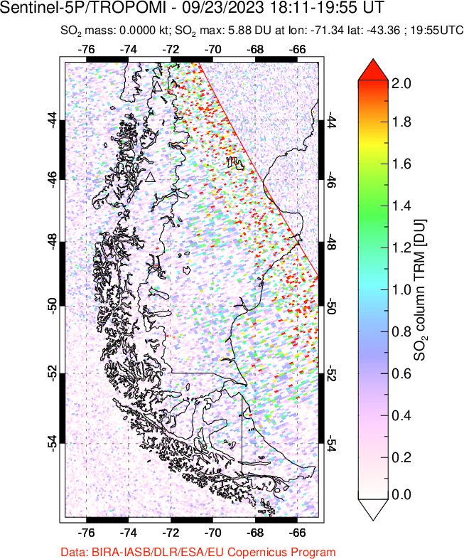 A sulfur dioxide image over Southern Chile on Sep 23, 2023.