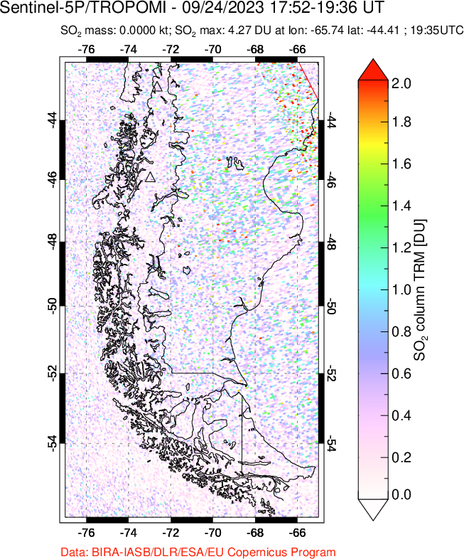 A sulfur dioxide image over Southern Chile on Sep 24, 2023.