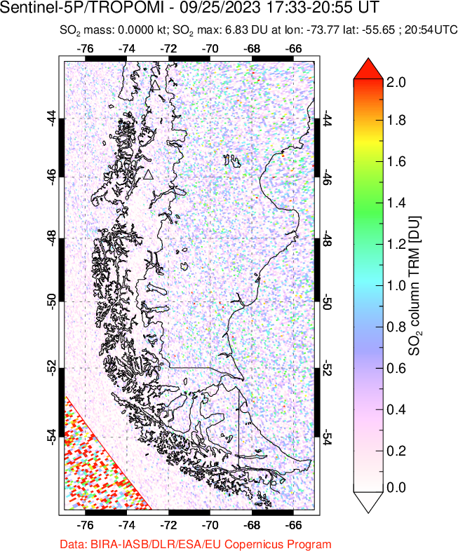 A sulfur dioxide image over Southern Chile on Sep 25, 2023.