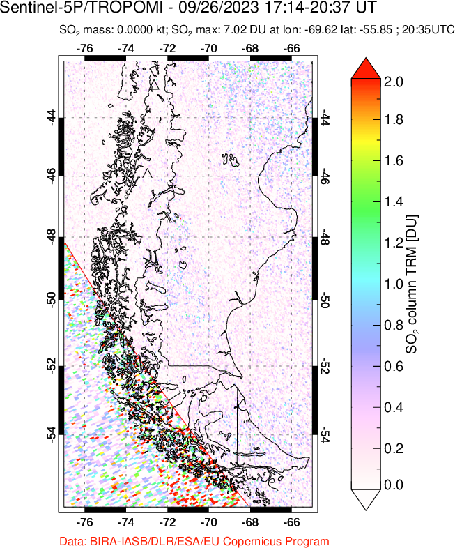 A sulfur dioxide image over Southern Chile on Sep 26, 2023.